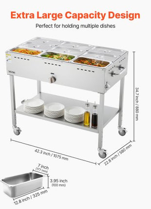 9-Pan Commercial Propane Steam Table, LP Gas Outdoor Soup Warmer with Drain Valve and 3" Wheels, Stainless Steel Propane Food Warmer with Adjustable Temperature, for Restaurant Outdoor Camping