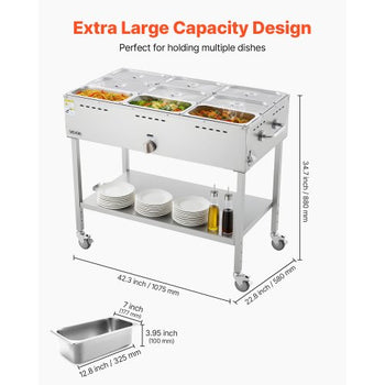 9-Pan Commercial Propane Steam Table, LP Gas Outdoor Soup Warmer with Drain Valve and 3" Wheels, Stainless Steel Propane Food Warmer with Adjustable Temperature, for Restaurant Outdoor Camping