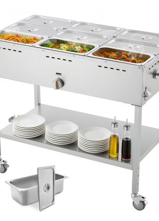 9-Pan Commercial Propane Steam Table, LP Gas Outdoor Soup Warmer with Drain Valve and 3" Wheels, Stainless Steel Propane Food Warmer with Adjustable Temperature, for Restaurant Outdoor Camping
