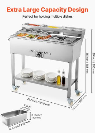 Commercial Propane Steam Table, 5 Food Pans & 3 Condiment Pans, LP Gas Outdoor Soup Warmer with Drain Valve and 3" Wheels, Stainless Steel Propane Food Warmer with Adjustable Temp for Outdoor