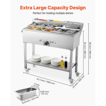 Commercial Propane Steam Table, 5 Food Pans & 3 Condiment Pans, LP Gas Outdoor Soup Warmer with Drain Valve and 3" Wheels, Stainless Steel Propane Food Warmer with Adjustable Temp for Outdoor