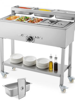 Commercial Propane Steam Table, 5 Food Pans & 3 Condiment Pans, LP Gas Outdoor Soup Warmer with Drain Valve and 3" Wheels, Stainless Steel Propane Food Warmer with Adjustable Temp for Outdoor