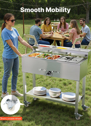 Commercial Propane Steam Table, 5 Food Pans & 3 Condiment Pans, LP Gas Outdoor Soup Warmer with Drain Valve and 3" Wheels, Stainless Steel Propane Food Warmer with Adjustable Temp for Outdoor
