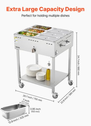 6-Pan Commercial Propane Steam Table, LP Gas Outdoor Soup Warmer with Drain Valve and 3" Wheels, Stainless Steel Propane Food Warmer with Adjustable Temperature, for Restaurant Outdoor Camping