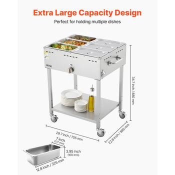 6-Pan Commercial Propane Steam Table, LP Gas Outdoor Soup Warmer with Drain Valve and 3" Wheels, Stainless Steel Propane Food Warmer with Adjustable Temperature, for Restaurant Outdoor Camping