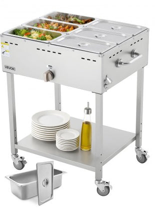 6-Pan Commercial Propane Steam Table, LP Gas Outdoor Soup Warmer with Drain Valve and 3" Wheels, Stainless Steel Propane Food Warmer with Adjustable Temperature, for Restaurant Outdoor Camping
