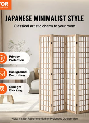 Room Divider, 4 Panel Japanese Room Divider, Folding Privacy Screen Indoor, Portable Partition Dividers and Decoration Screens, for Room Separation, Home, Office, Restaurant & Bedroom (Natural)