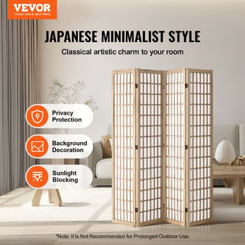 Room Divider, 4 Panel Japanese Room Divider, Folding Privacy Screen Indoor, Portable Partition Dividers and Decoration Screens, for Room Separation, Home, Office, Restaurant & Bedroom (Natural)