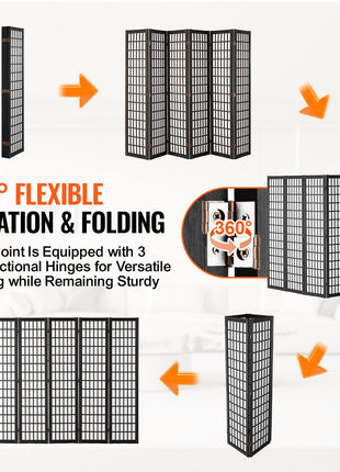Room Divider, 6 Panel Japanese Room Divider, Folding Privacy Screen Indoor, Portable Partition Dividers and Decoration Screens, for Room Separation, Home, Office, Restaurant & Bedroom (Black)