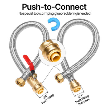 Water Heater Kit, Push-Fit Valve Flexible Water Heater Connector with 3/4" FIP x 3/4" PTC Ball Valve, Stainless Steel Braided Waters Heaters Supply Line for Bathroom, Kitchen, Laundry Room