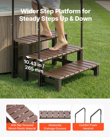 Hot Tub Steps with Handrail 3-Step Spa Outdoor Stairs 550lbs Capacity, 32.3in Wide Step, Steel & Plastic, Easy Assembly, Non-Slip Step Ladder for Above-Ground/Inflatable Pool, RV,Patio,Deck