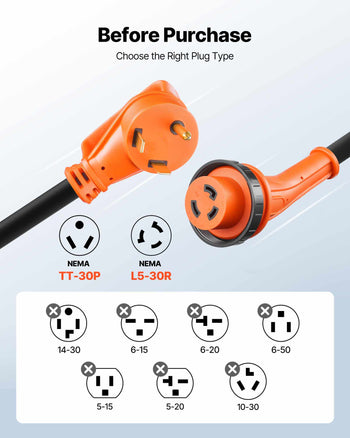30 Amp 25 Feet RV Power Cord, 125V 3750W, Heavy Duty 10/3 Gauge STW Generator Cord, NEMA TT-30P to NEMA L5-30R, with Twist Lock, Indicator Light, Grip Handle, 15A Adapter, for RV Trailer, Black