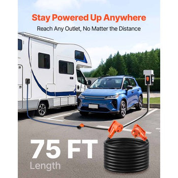 75 FT RV Extension Cord, 30 Amp, 125V 2500W Heavy Duty STW 10/3 Gauge Wire, NEMA TT-30P Male NEMA TT-30R Female Plug, with LED Power Indicator, Handle, 15A Adapter, for RV Trailer, ETL Listed