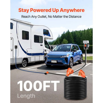 100 FT RV Extension Cord, 50 Amp, 125V 7500W Heavy Duty STW 6/3 + 8/1 Gauge Wire, NEMA 14-50P Male NEMA 14-50R Female Plug, with LED Indicator, Handle, 15A Adapter, for RV Trailer, ETL Listed