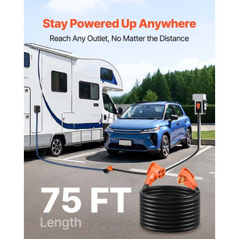 75 FT RV Extension Cord, 50 Amp, 125V/250V 7500W Heavy Duty STW 6/3 + 8/1 Gauge Wire, NEMA 14-50P Male NEMA 14-50R Female Plug, with LED Indicator, Handle, 15A Adapter for RV Trailer, ETL Listed