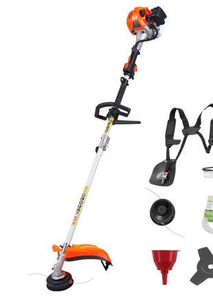 String Trimmer, 26cc 2 in 1 Weed Wacker Gas Powered, 17" Cordless Grass Trimmer with 10" Brush Cutter, Shoulder Strap & 3T Blade, 2-Stroke Heavy-Duty Gas Weed Wacker for Quick Grass Cleaning