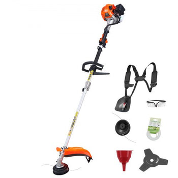 String Trimmer, 26cc 2 in 1 Weed Wacker Gas Powered, 17" Cordless Grass Trimmer with 10" Brush Cutter, Shoulder Strap & 3T Blade, 2-Stroke Heavy-Duty Gas Weed Wacker for Quick Grass Cleaning
