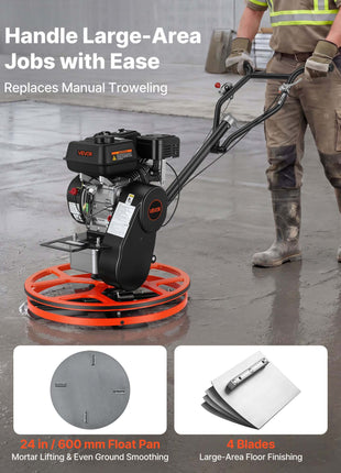 Power Trowel, 24 inch Concrete Finishing Machine with Float Pan, 5.5HP Engine, 4 Blades, Adjustable Pitch, Gas-Powered Walk-Behind Cement Surface Finisher for Smooth Floors, Construction Use