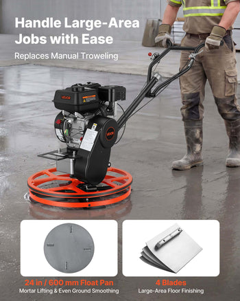 Power Trowel, 24 inch Concrete Finishing Machine with Float Pan, 5.5HP Engine, 4 Blades, Adjustable Pitch, Gas-Powered Walk-Behind Cement Surface Finisher for Smooth Floors, Construction Use