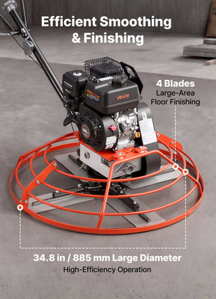 Power Trowel, 34.8 inch Trowel Diameter Concrete Finishing Machine, 5.5HP Engine, 4 Blades, Adjustable Pitch, Gas-Powered Walk-Behind Cement Surface Finisher for Smooth Floors, Construction