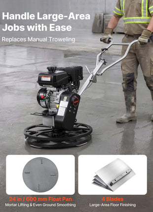 Power Trowel, 24 inch Concrete Finishing Machine with Float Pan, 7HP Kohler Engine, 4 Blades, Adjustable Pitch, Gas-Powered Walk-Behind Cement Surface Finisher for Smooth Floors, Construction
