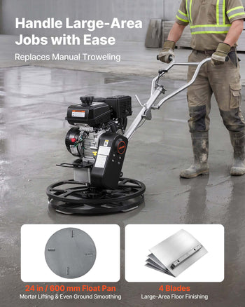 Power Trowel, 24 inch Concrete Finishing Machine with Float Pan, 7HP Kohler Engine, 4 Blades, Adjustable Pitch, Gas-Powered Walk-Behind Cement Surface Finisher for Smooth Floors, Construction