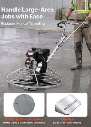 Power Trowel, 38 inch Concrete Finishing Machine with Float Pan, 7HP Kohler Engine, 4 Blades, Adjustable Pitch, Gas-Powered Walk-Behind Cement Surface Finisher for Smooth Floors, Construction