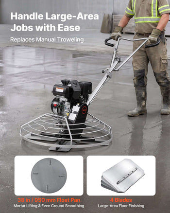 Power Trowel, 38 inch Concrete Finishing Machine with Float Pan, 7HP Kohler Engine, 4 Blades, Adjustable Pitch, Gas-Powered Walk-Behind Cement Surface Finisher for Smooth Floors, Construction