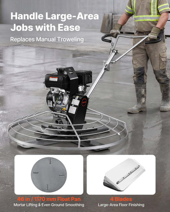 Power Trowel, 46 inch Concrete Finishing Machine with Float Pan, 9.5HP Kohler Engine, 4 Blades, Adjustable Pitch, Gas-Powered Walk-Behind Cement Surface Finisher for Smooth Floors, Construction
