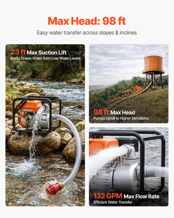 Gas Powered Water Pump, 2 in, 132 GPM 7HP Semi Trash Water Transfer Pump Portable, Gasoline Engine with 25 ft Discharge Hose, Heavy Duty Frame, Cast Iron Impeller, for Irrigation, Ponds, Pools