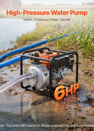 Gas Powered Water Pump, 2 in, 128 GPM 6HP Semi Trash Water Transfer Pump Portable, Gasoline Engine with 25 ft Discharge Hose, Heavy Duty Frame, Cast Iron Impeller, for Irrigation, Ponds, Pools