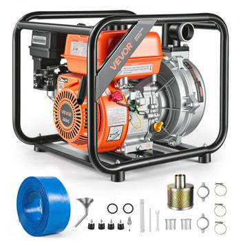 Gas Powered Water Pump, 2 in, 128 GPM 6HP Semi Trash Water Transfer Pump Portable, Gasoline Engine with 25 ft Discharge Hose, Heavy Duty Frame, Cast Iron Impeller, for Irrigation, Ponds, Pools