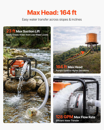 Gas Powered Water Pump, 2 in, 128 GPM 6HP Semi Trash Water Transfer Pump Portable, Gasoline Engine with 25 ft Discharge Hose, Heavy Duty Frame, Cast Iron Impeller, for Irrigation, Ponds, Pools