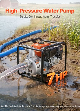 Gas Powered Water Pump, 2 in, 142 GPM 7HP Semi Trash Water Transfer Pump Portable, Gasoline Engine with 25 ft Discharge Hose, Heavy Duty Frame, Cast Iron Impeller, for Irrigation, Ponds, Pools