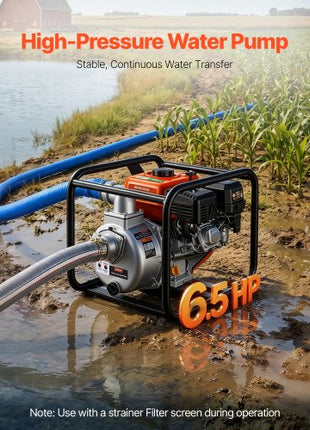 Gas Powered Water Pump, 2 in, 132 GPM 6.5HP Semi Trash Water Transfer Pump Portable, Gasoline Engine with 25 ft Discharge Hose, Heavy Duty Frame, Cast Iron Impeller, for Irrigation, Ponds, Pools