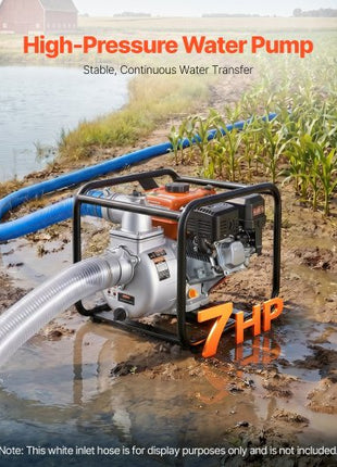 Gas Powered Water Pump, 3 in, 242 GPM 7HP Semi Trash Water Transfer Pump Portable, Gasoline Engine with 25 ft Discharge Hose, Heavy Duty Frame, Cast Iron Impeller, for Irrigation, Ponds, Pools