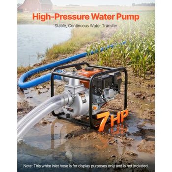 Gas Powered Water Pump, 3 in, 242 GPM 7HP Semi Trash Water Transfer Pump Portable, Gasoline Engine with 25 ft Discharge Hose, Heavy Duty Frame, Cast Iron Impeller, for Irrigation, Ponds, Pools