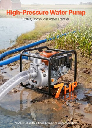 Gas Powered Water Pump, 3 in, 264 GPM 7HP Semi Trash Water Transfer Pump Portable, Gasoline Engine with 25 ft Discharge Hose, Heavy Duty Frame, Cast Iron Impeller, for Irrigation, Ponds, Pools