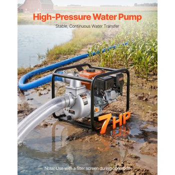 Gas Powered Water Pump, 3 in, 264 GPM 7HP Semi Trash Water Transfer Pump Portable, Gasoline Engine with 25 ft Discharge Hose, Heavy Duty Frame, Cast Iron Impeller, for Irrigation, Ponds, Pools