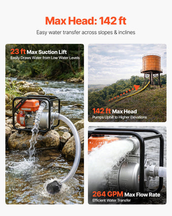 Gas Powered Water Pump, 3 in, 264 GPM 7HP Semi Trash Water Transfer Pump Portable, Gasoline Engine with 25 ft Discharge Hose, Heavy Duty Frame, Cast Iron Impeller, for Irrigation, Ponds, Pools