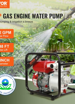 Gasoline Engine Water Pump, 2-inch, 7HP 142 GPM, 148ft Lift, 22ft Suction, 4-Stroke Gas Powered Trash Water Transfer Pump Portable High Pressure with 25ft Hose for Irrigation Pool, EPA Certified
