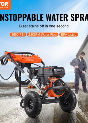 Gas Pressure Washer, 3500 PSI 2.6 GPM, Gas Powered Pressure Washer with Aluminum Pump, Spray Gun and Extension Wand, 5 Nozzle Set, for Cars, Fences, Homes, Driveways, Patios, Furniture, Horizontal