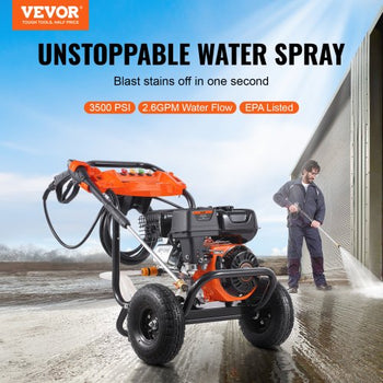 Gas Pressure Washer, 3500 PSI 2.6 GPM, Gas Powered Pressure Washer with Aluminum Pump, Spray Gun and Extension Wand, 5 Nozzle Set, for Cars, Fences, Homes, Driveways, Patios, Furniture, Horizontal