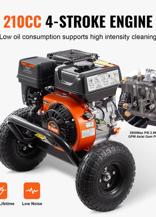 Gas Pressure Washer, 3500 PSI 2.6 GPM, Gas Powered Pressure Washer with Aluminum Pump, Spray Gun and Extension Wand, 5 Nozzle Set, for Cars, Fences, Homes, Driveways, Patios, Furniture, Horizontal