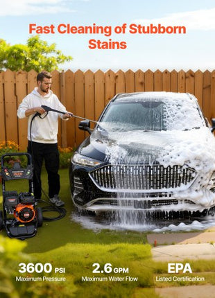 Gas Pressure Washer 3600 PSI and 2.6 Max GPM, Full Copper Pump, Spray Gun and Wand, 5 Nozzle Set, 26 ft Hose Gas Powered Pressure Washer for Cars, Fences, Driveways, Homes, Patios, Furniture