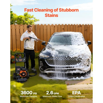 Gas Pressure Washer 3600 PSI and 2.6 Max GPM, Full Copper Pump, Spray Gun and Wand, 5 Nozzle Set, 26 ft Hose Gas Powered Pressure Washer for Cars, Fences, Driveways, Homes, Patios, Furniture