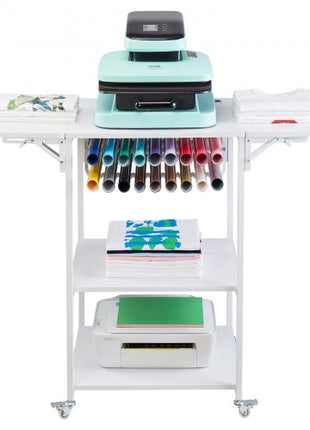 Heat Press Table, 3 Tier Movable Heat Press Stand, Foldable Heat Transfer Machine Stand with Wheels and Vinyl Roll Holder, Rolling Metal Workbench for Sublimation Transfer Machine, White