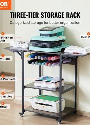 Heat Press Table, 3 Tier Movable Heat Press Stand, Foldable Heat Transfer Machine Stand with Wheels and Vinyl Roll Holder, Rolling Metal Workbench for Sublimation Transfer Machine, Brown