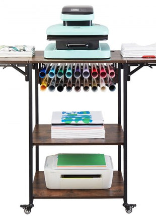Heat Press Table, 3 Tier Movable Heat Press Stand, Foldable Heat Transfer Machine Stand with Wheels and Vinyl Roll Holder, Rolling Metal Workbench for Sublimation Transfer Machine, Brown