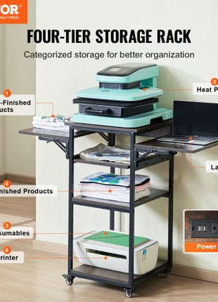 Heat Press Table with Charging Station, 4 Tier Movable Heat Press Stand, Foldable Heat Transfer Machine Stand with Wheels, Rolling Metal Workbench for Sublimation Transfer Machine, Brown
